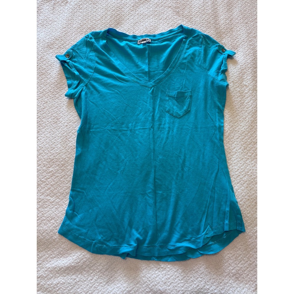 Express Womens Turquoise Blue V-Neck Short Sleeve Pocket Tee Shirt Size M